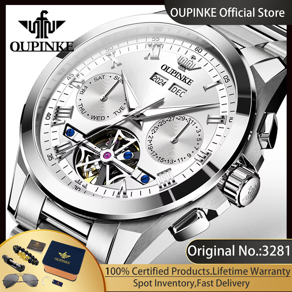 Luxury Watch Winder - OUPINKE 3281 Herrenuhr, ausgehöhltes Schwungrad, Edelstahl,